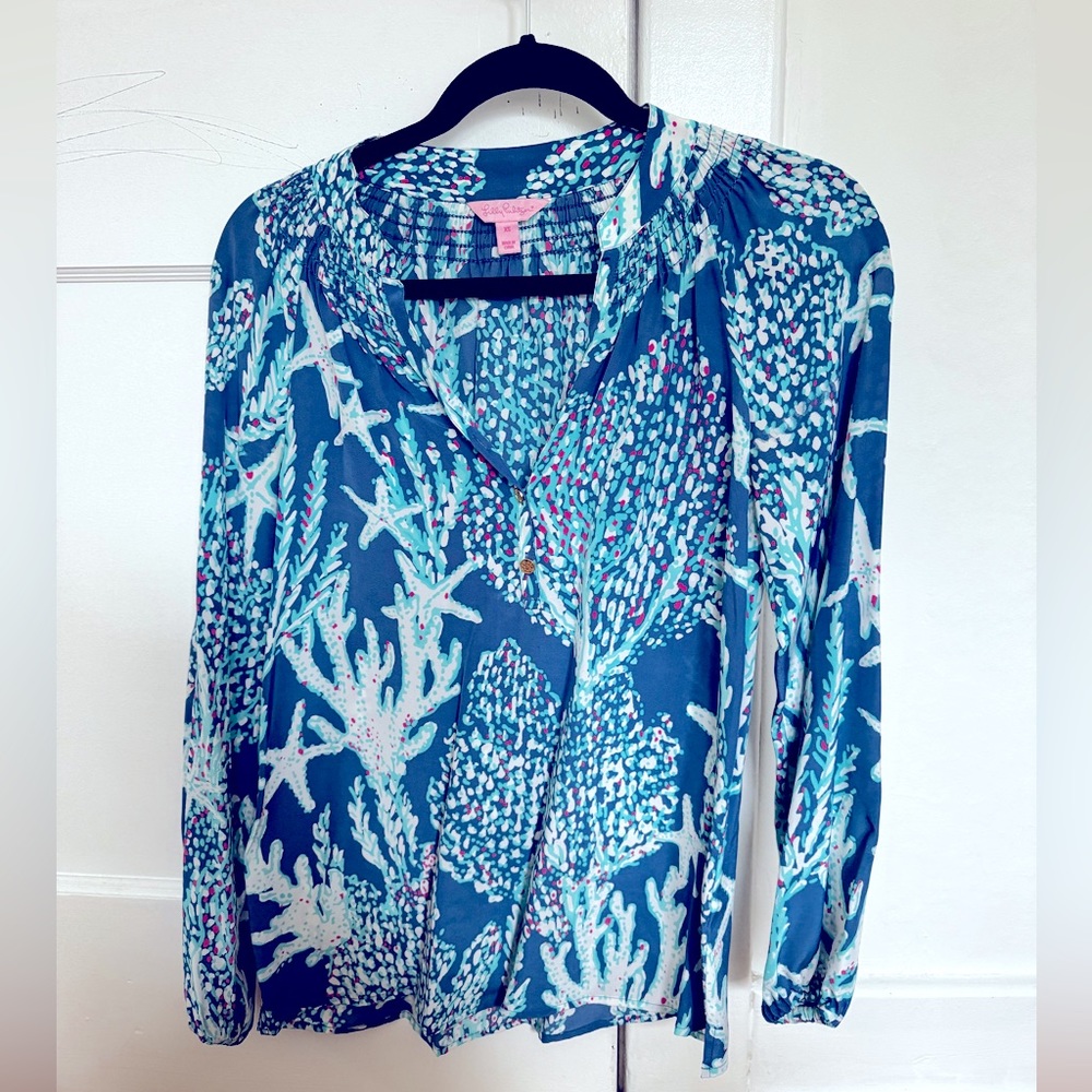Lilly Pulitzer long sleeve silk top- blue coral